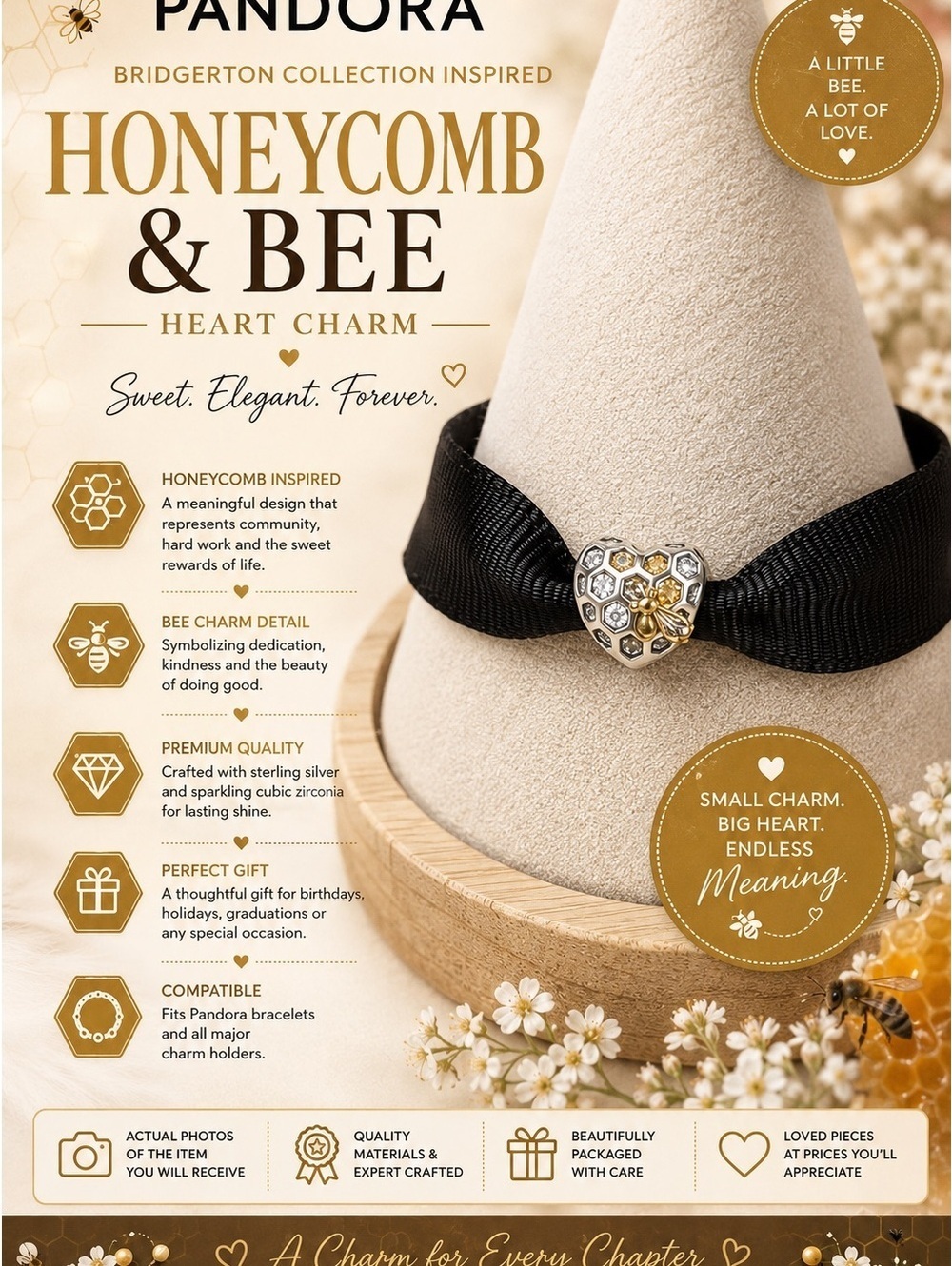 Bridgerton Honeycomb & Bee Heart Charm